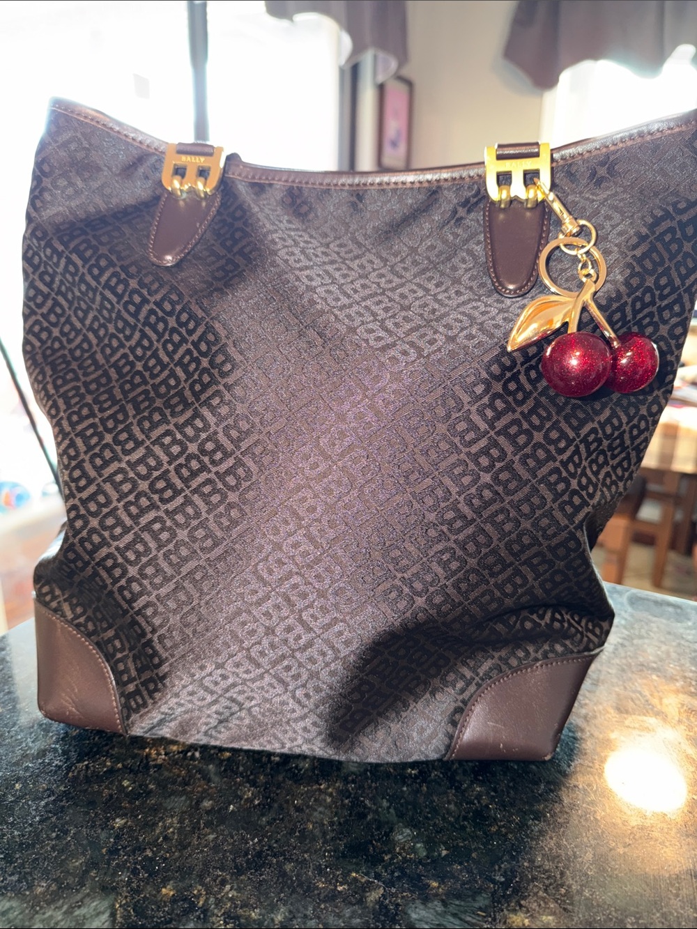 Bally Brown Monogram Tote with Red Cherry Charm